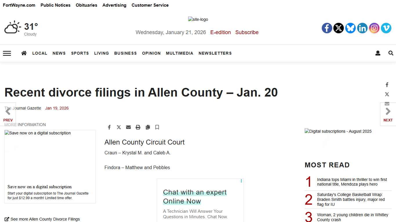 Divorce filings for Allen County, Indiana | Divorce Filings | journalgazette.net